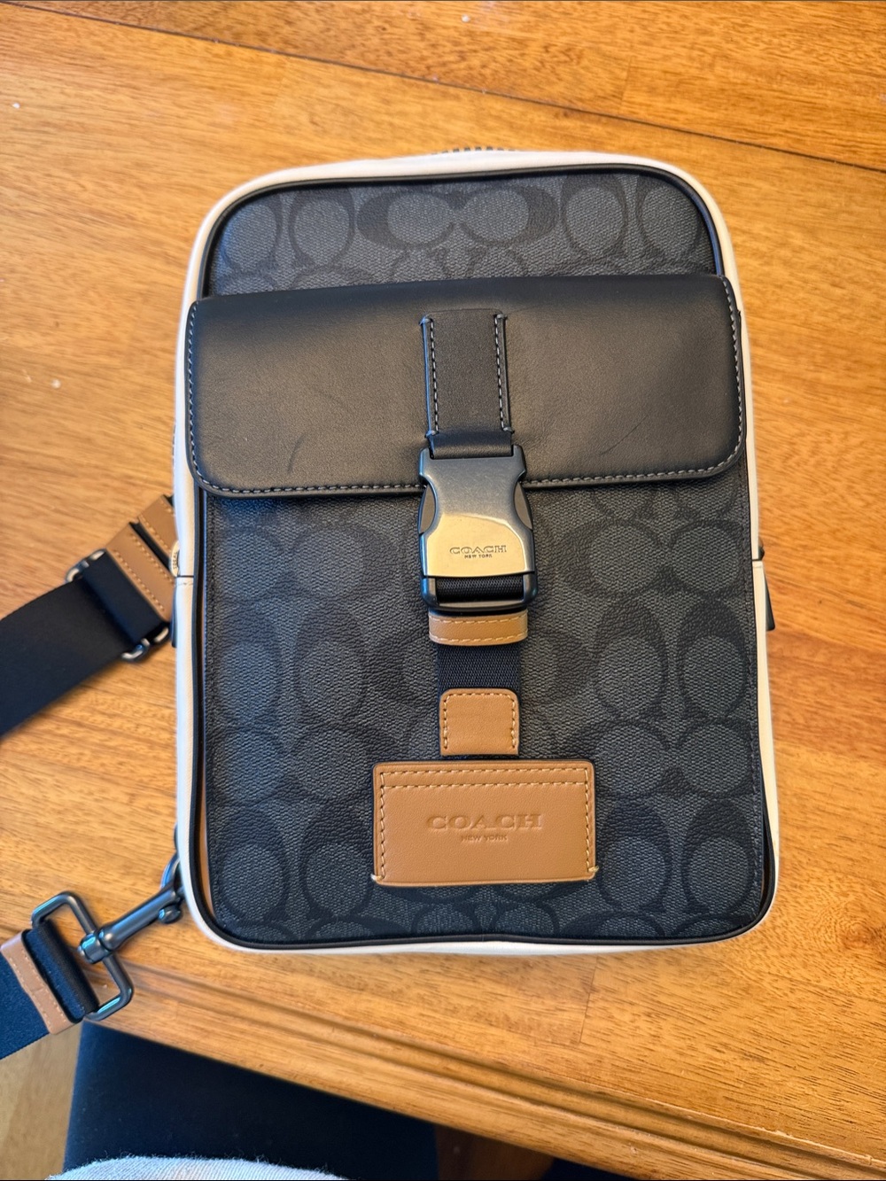 Coach Black Signature Canvas Messenger with Tan Trim